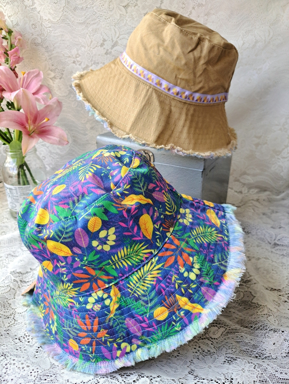 Nwt Little Brownie Cotton Bucket Hat Tropical Pattern Sun Hat Reversible Khaki